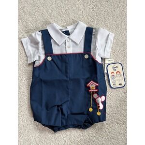 Nana's Pet Romper Baby Boy Size 0 Navy Blue White VTG NWT Mouse Cuckoo Clock 80s